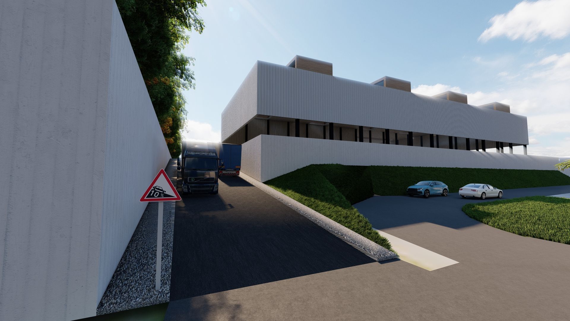 Bâtiment moderne en bordure d'une route étroite, avec un panneau de signalisation triangulaire et des voitures garées sur la droite.