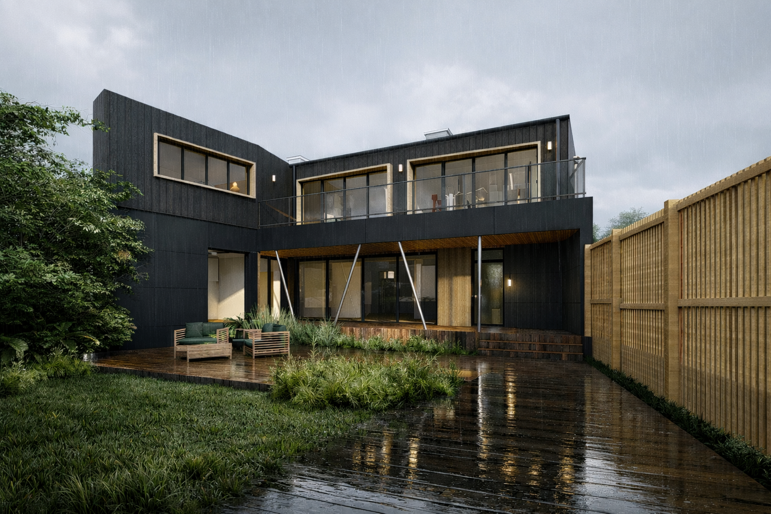 Maison moderne sombre avec de grandes fenêtres donnant sur un étang réfléchissant et une clôture en bois dans un jardin pluvieux.