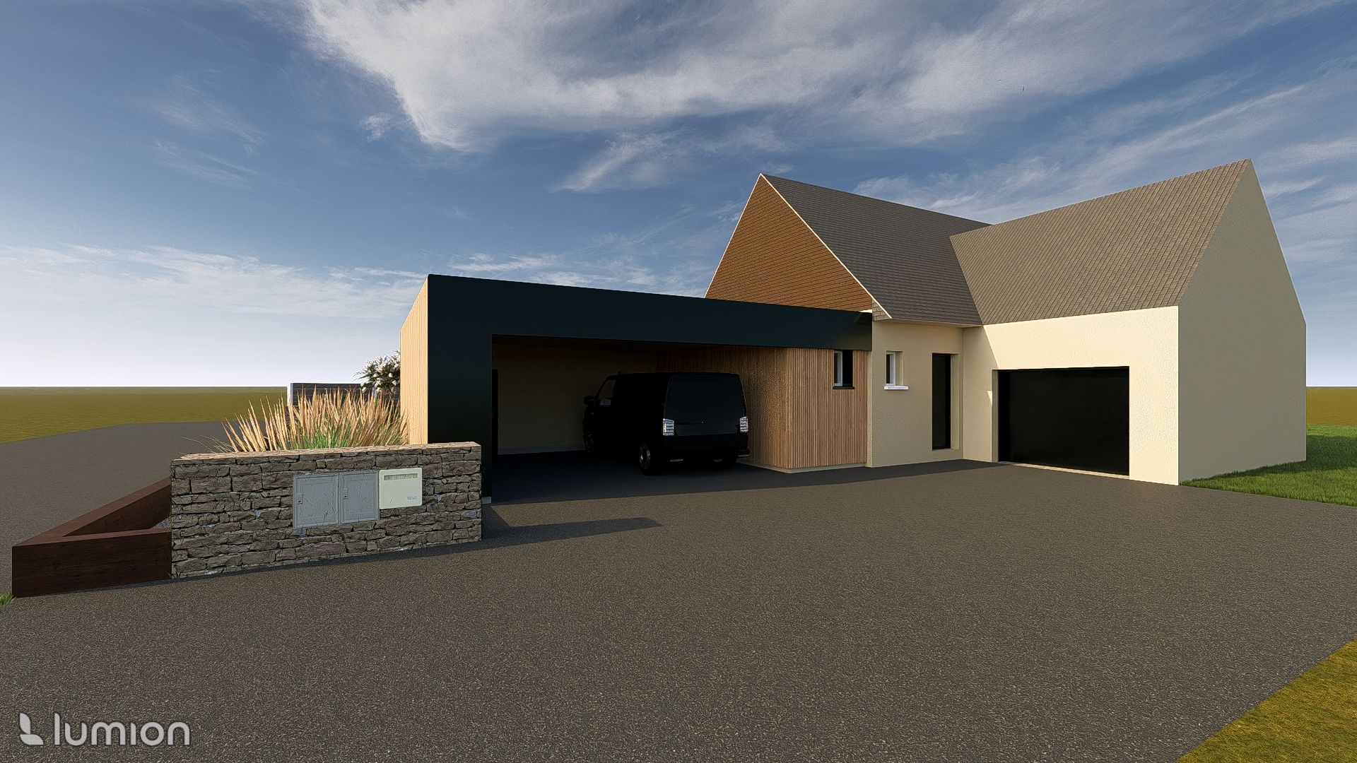 Extérieur d'une maison moderne avec garage sombre, murs beiges, toit en pente et allée de gravier au crépuscule.