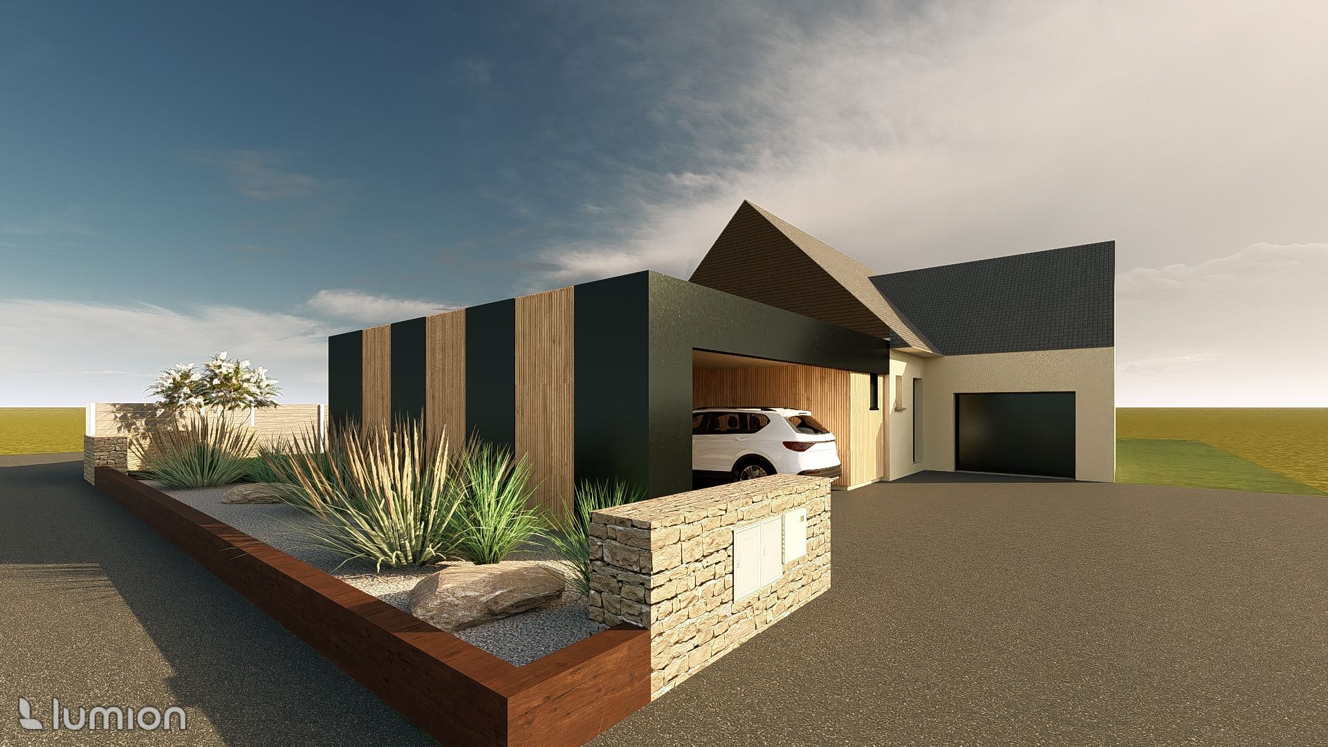 Extérieur de maison moderne avec toit angulaire, façade en bois et en pierre, aménagement paysager désertique et garage.