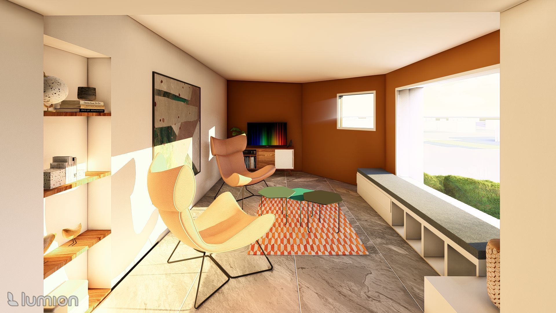 Salon moderne avec fauteuil orange, étagères intégrées, grande banquette près de la fenêtre et lumière naturelle chaleureuse.