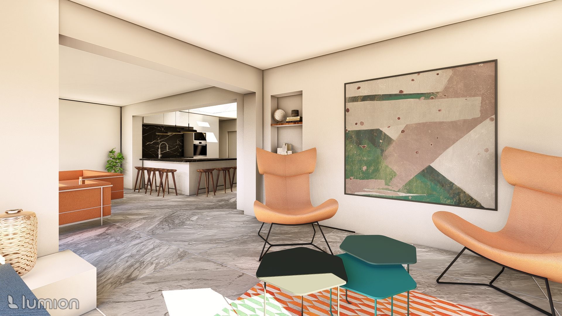 Salon moderne avec fauteuils beiges, art mural abstrait, tapis à motifs et vue ouverte sur la cuisine.