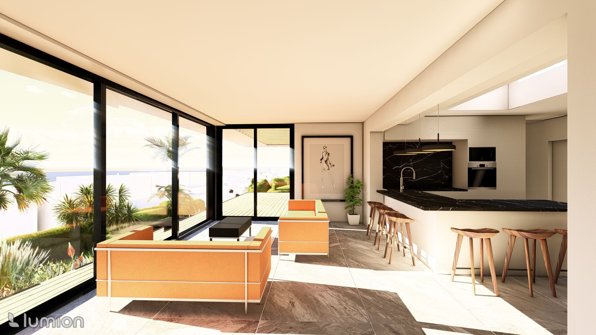 Patio moderne à aire ouverte avec sièges orange, murs vitrés et vue sur la cuisine