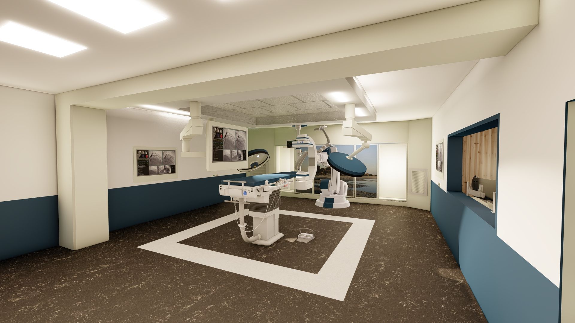 Salle de soins dentaires avec fauteuil dentaire, équipement et murs bleus et blancs.