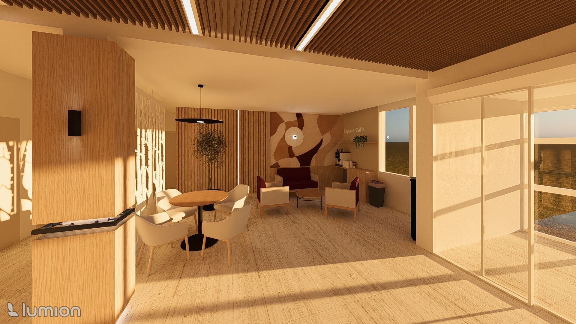 Salon moderne et lumineux avec plafond à lattes de bois, mobilier aux tons neutres et fenêtres allant du sol au plafond.