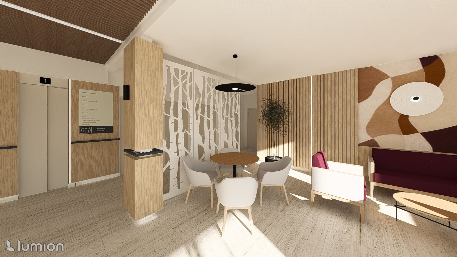 Salon moderne avec murs à rayures, table à manger, canapé et grande décoration murale en forme d'ours en peluche.