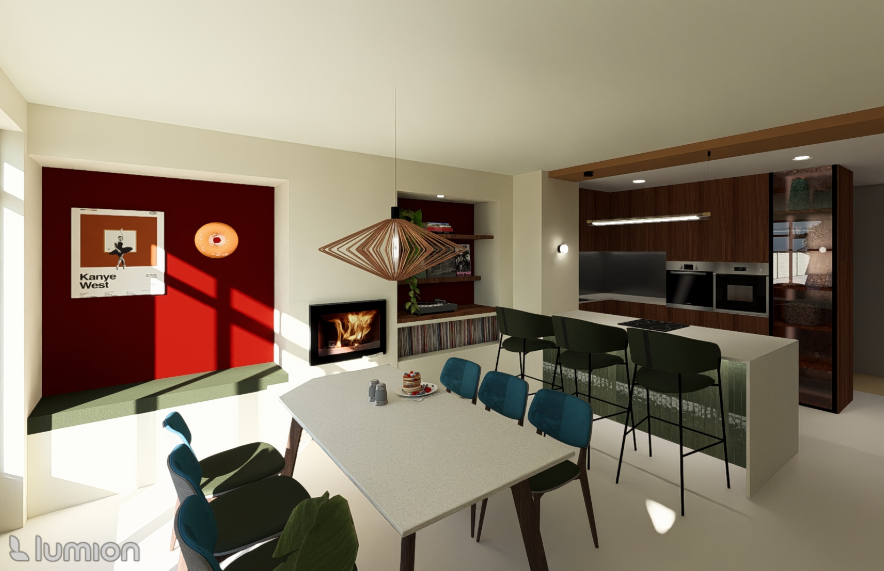 Cuisine et salle à manger modernes avec une table blanche, des chaises vertes, une   cheminée et un mur d'accent rouge.