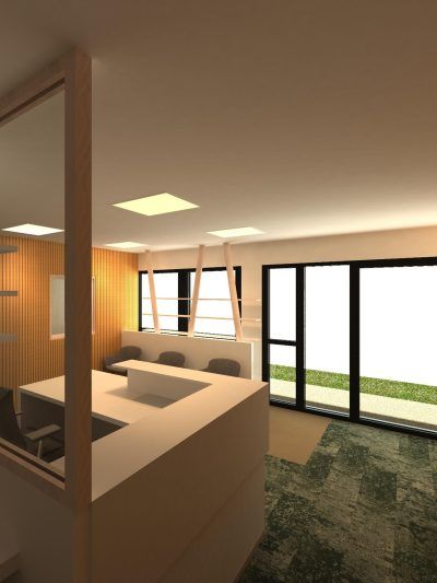 Salon moderne avec des canapés beiges, du lambris, des grandes fenêtres et une moquette verte à motifs.