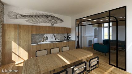 Salle à manger moderne avec une table en bois, des chaises noires et une cuisine séparée par des parois vitrées.