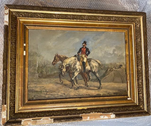 Tableau peint représentant un homme sur un cheval avec un autre se promenant à côté