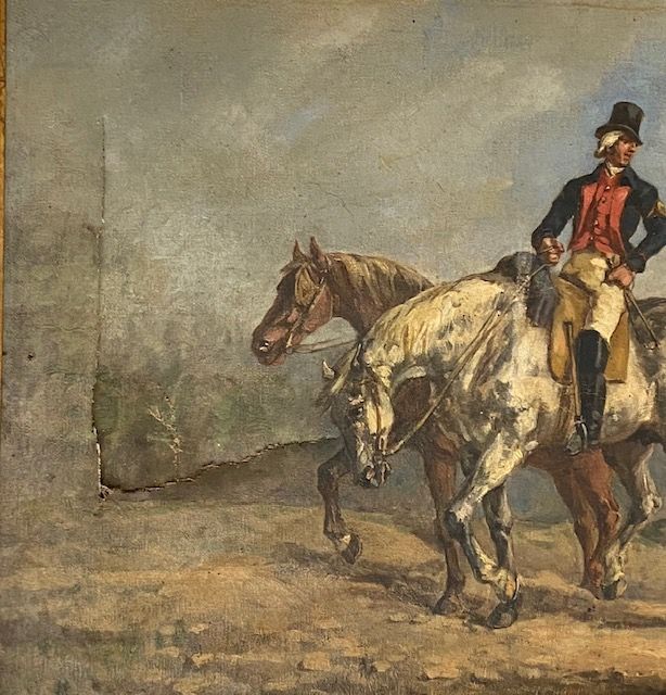 Partie abîmée d'un tableau représentant un homme et deux chevaux