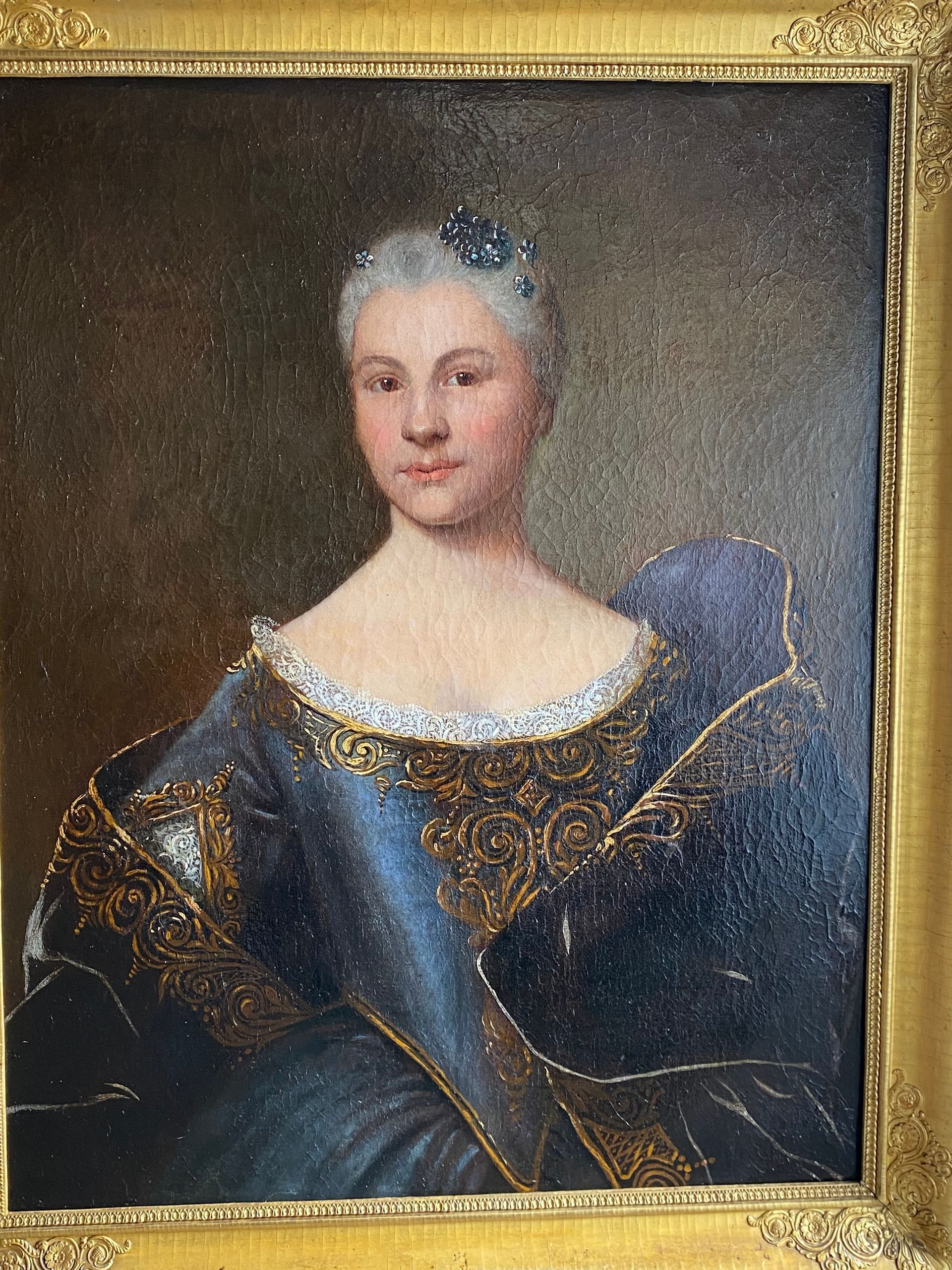 Tableau peint d'une femme dans une robe bleue d'époque