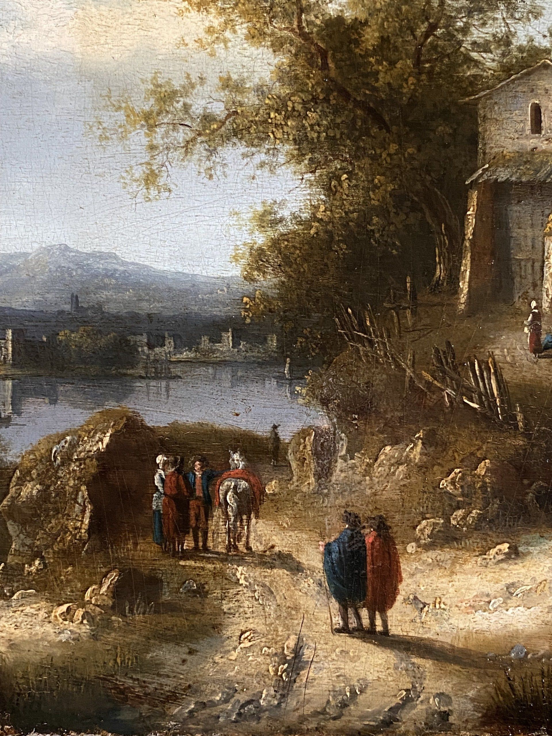 Peinture représentant des personnes se promenant près d'un point d'eau