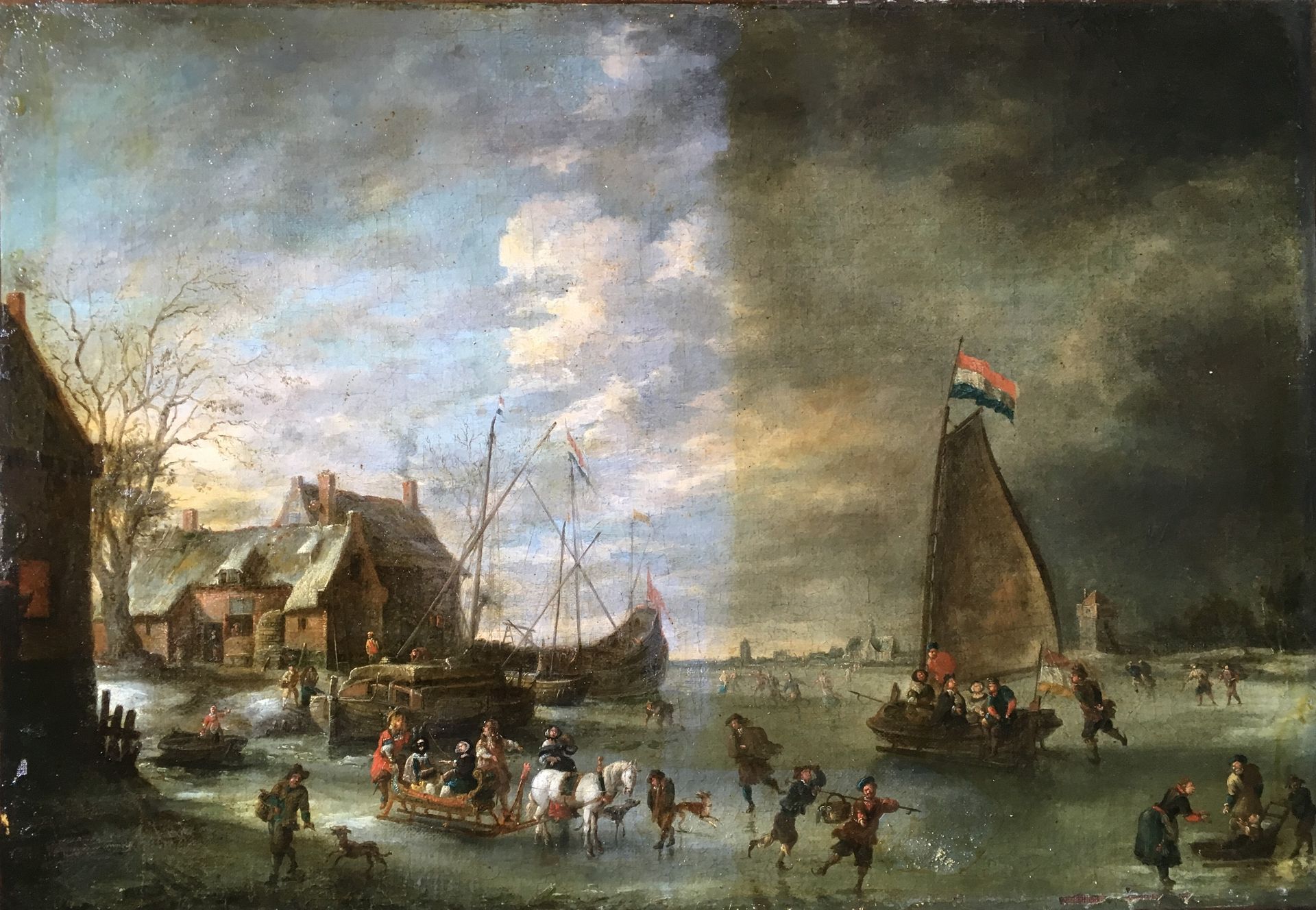 Peinture d'une scène de bataille navale avant et après restauration