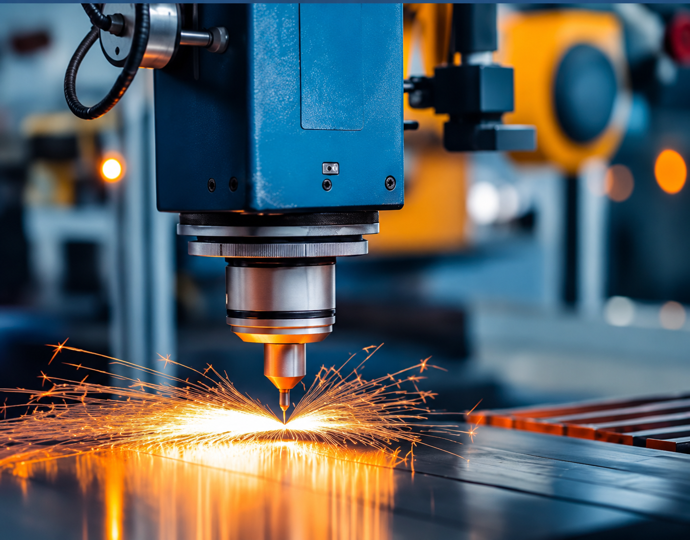 Una máquina industrial cortando metal y lanzando brillantes chispas naranjas en un taller