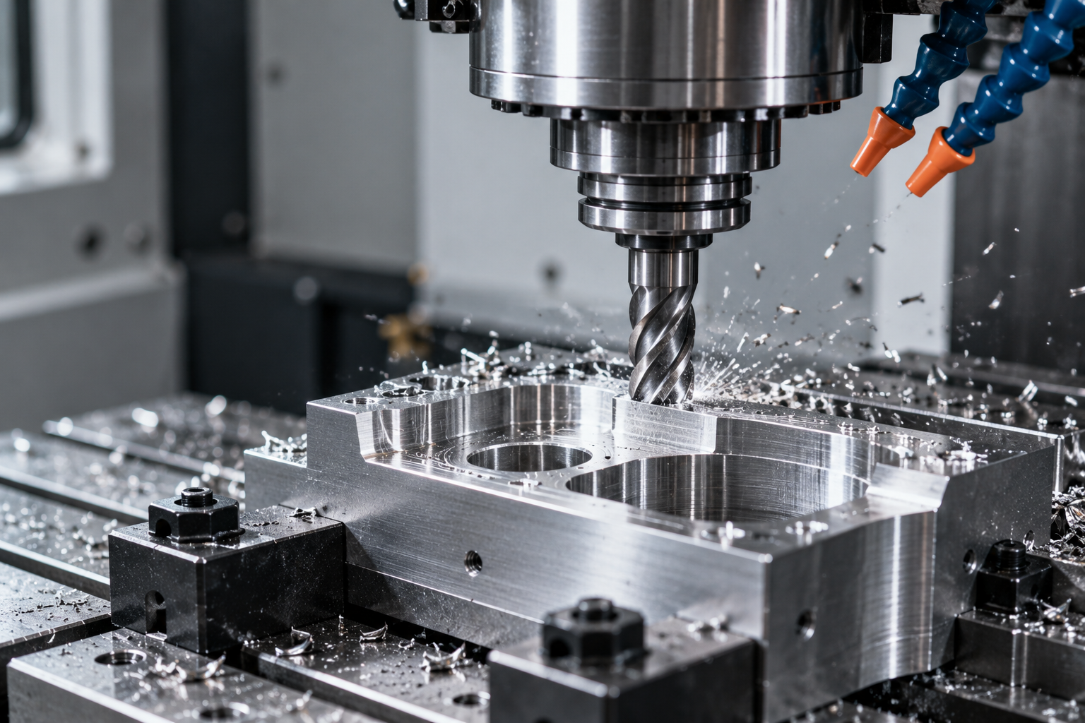 Fresadora CNC cortando un bloque de metal con refrigerante a presión en un taller