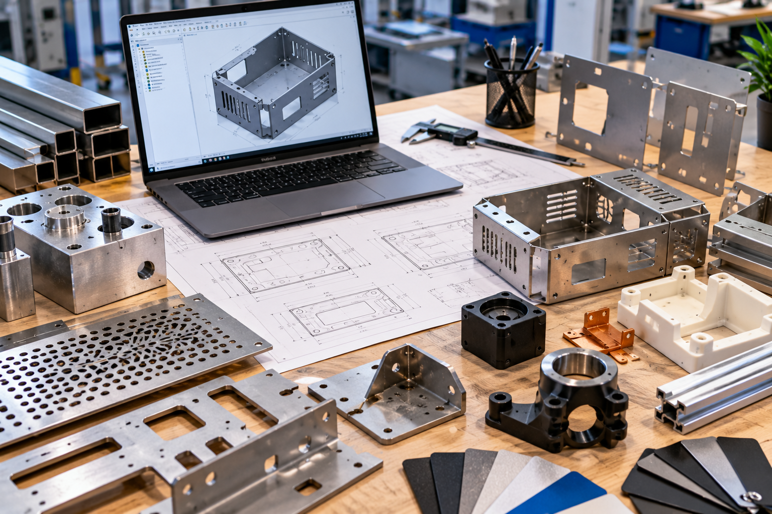 Espacio de trabajo de ingeniería con un portátil que muestra un modelo 3D, rodeado de piezas metálicas