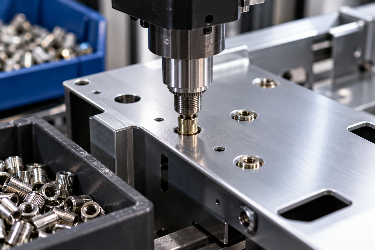 Una máquina CNC perfora una pieza metálica junto a unos contenedores llenos de virutas de metal