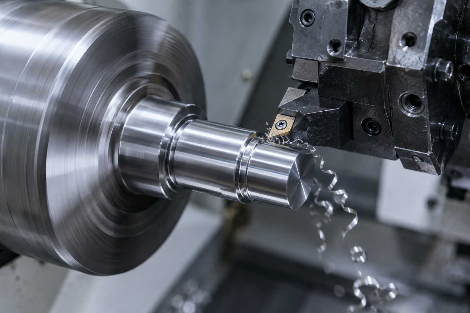 Torneado de un eje metálico en un torno CNC, con la herramienta de corte dando forma a la pieza en rotación