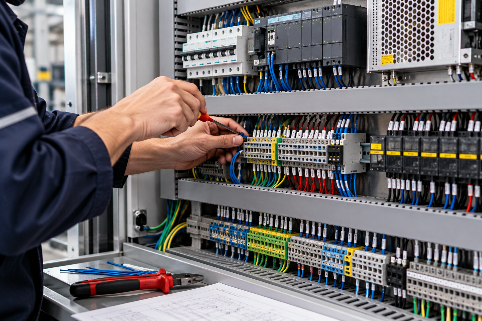 Técnico cableando un panel de control eléctrico con terminales codificados por colores y herramientas