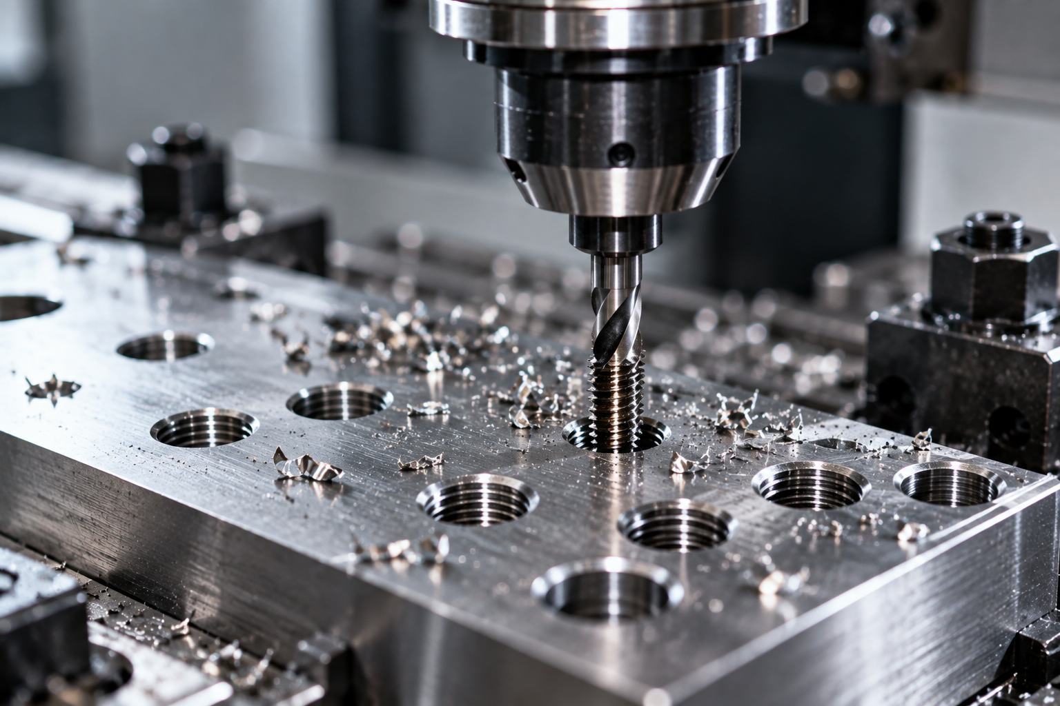 Una broca CNC perfora una placa de metal con múltiples agujeros en un taller