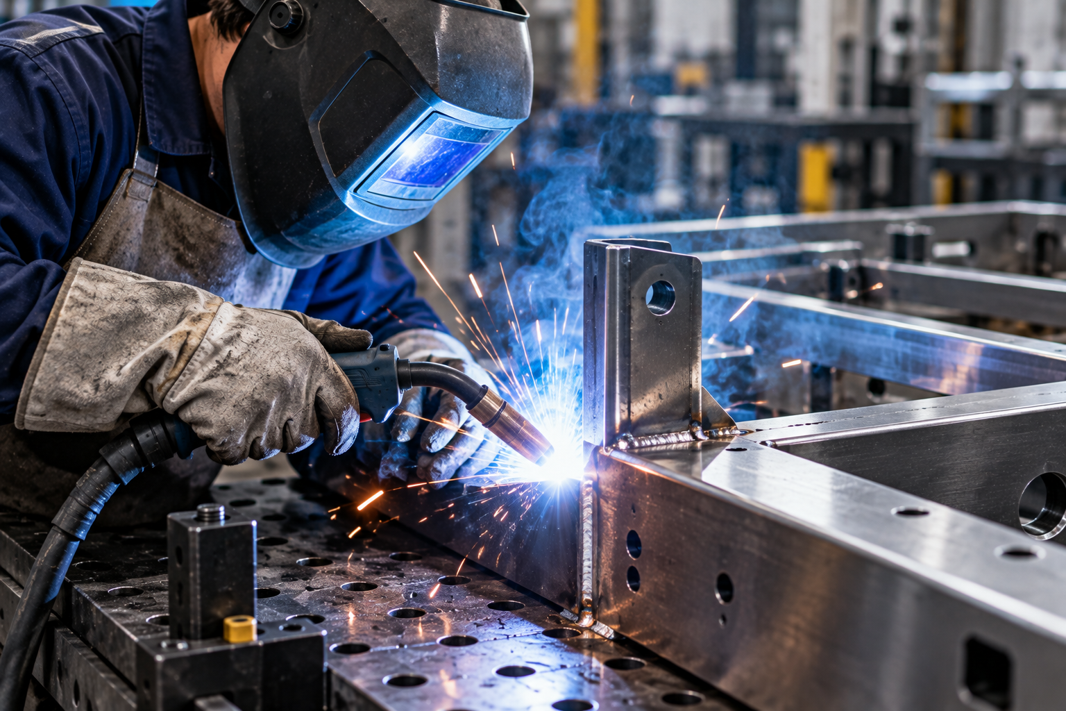 Soldador con equipo de protección soldando una estructura metálica, con chispas brillantes en un taller industrial