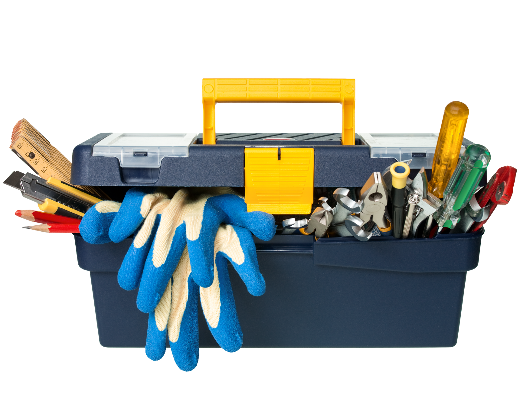 Boîte à outils bleue remplie d'outils et de gants de travail.