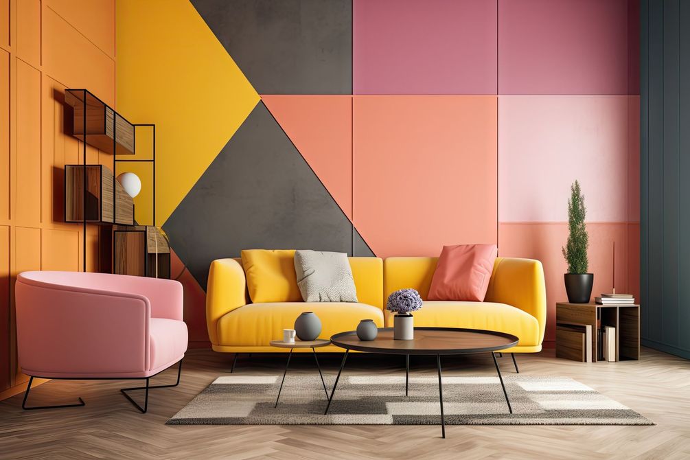 Una sala de estar con un sofá azul y una silla rosa.