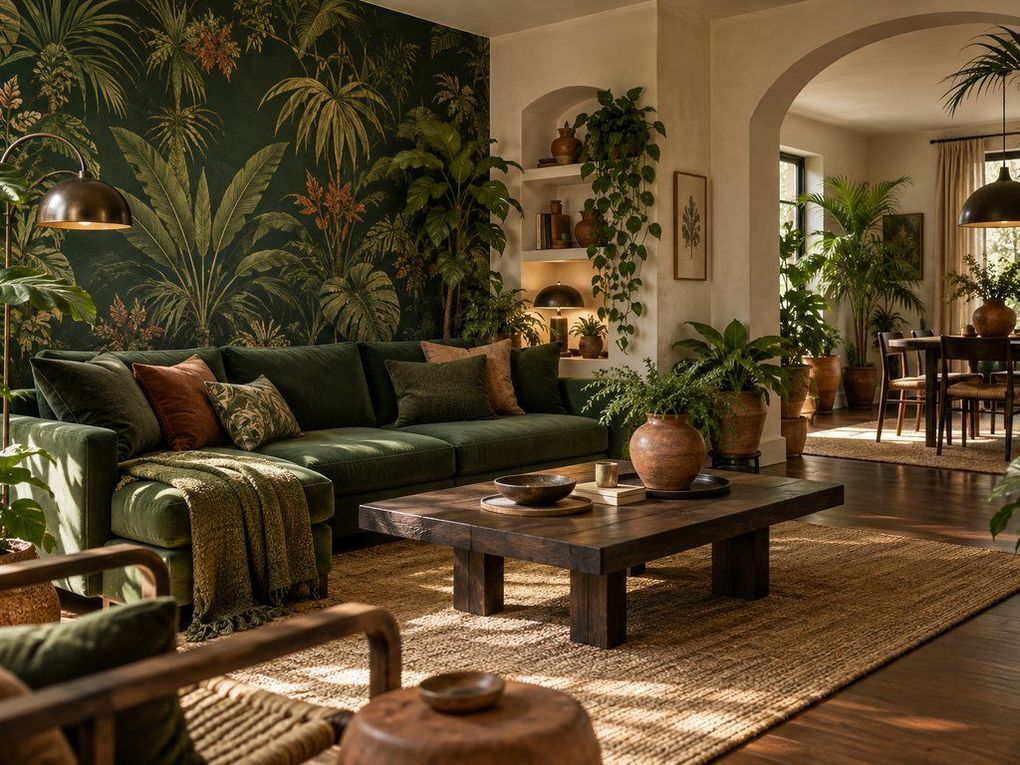 Green sofa against a painted jungle wall