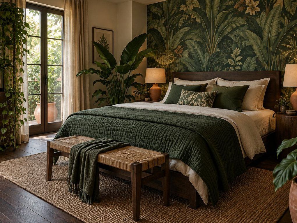 Bedroom framed by a botanical mural