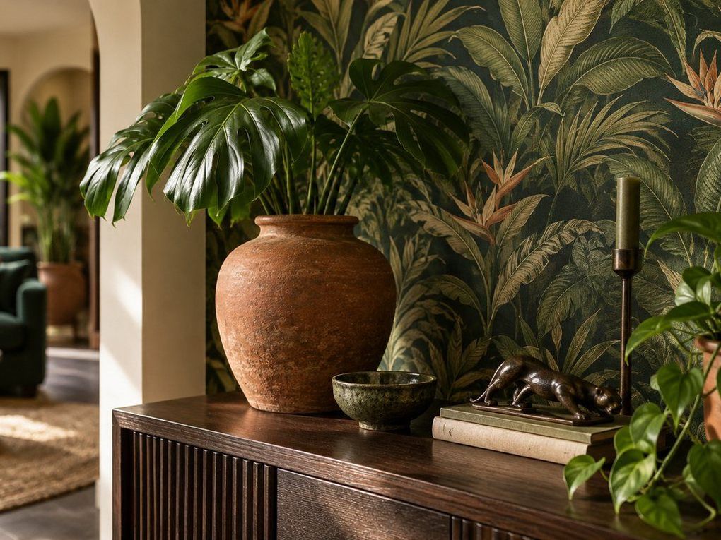 Terracotta pots and large-leaf plants