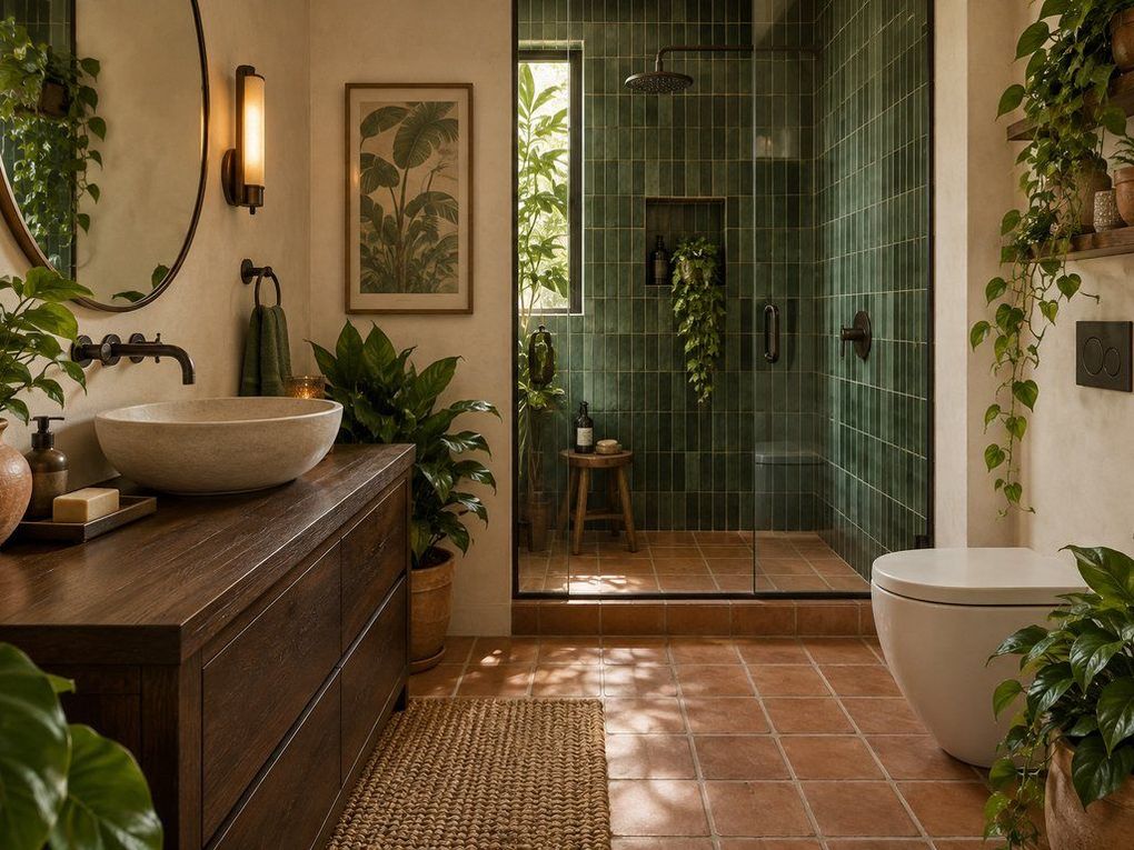 Green-tiled shower room