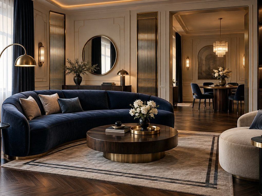 Curved velvet sofa and brass table