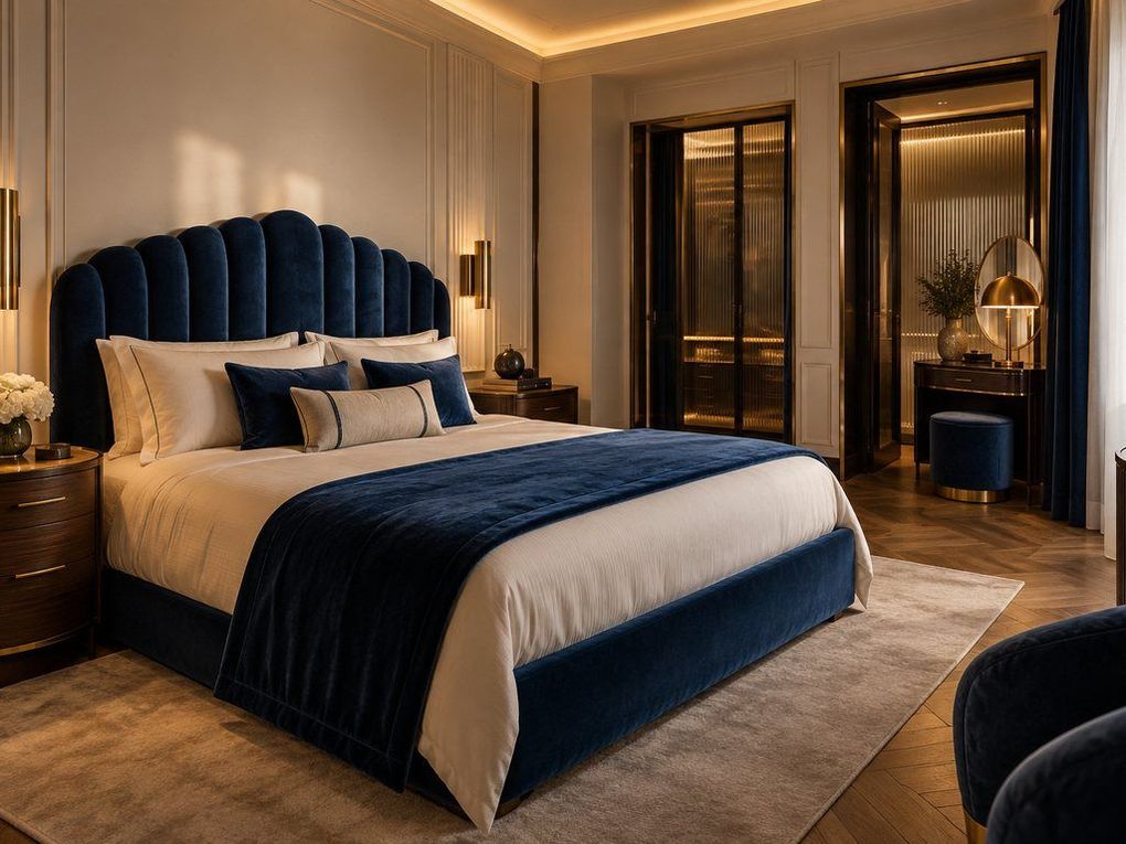 Navy velvet headboard, indirect light