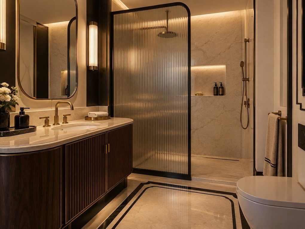 Marble bathroom with a reeded screen