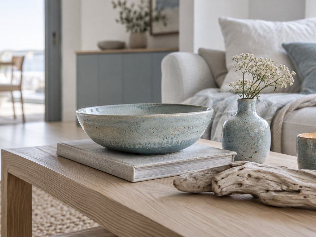 Driftwood and stoneware on oak