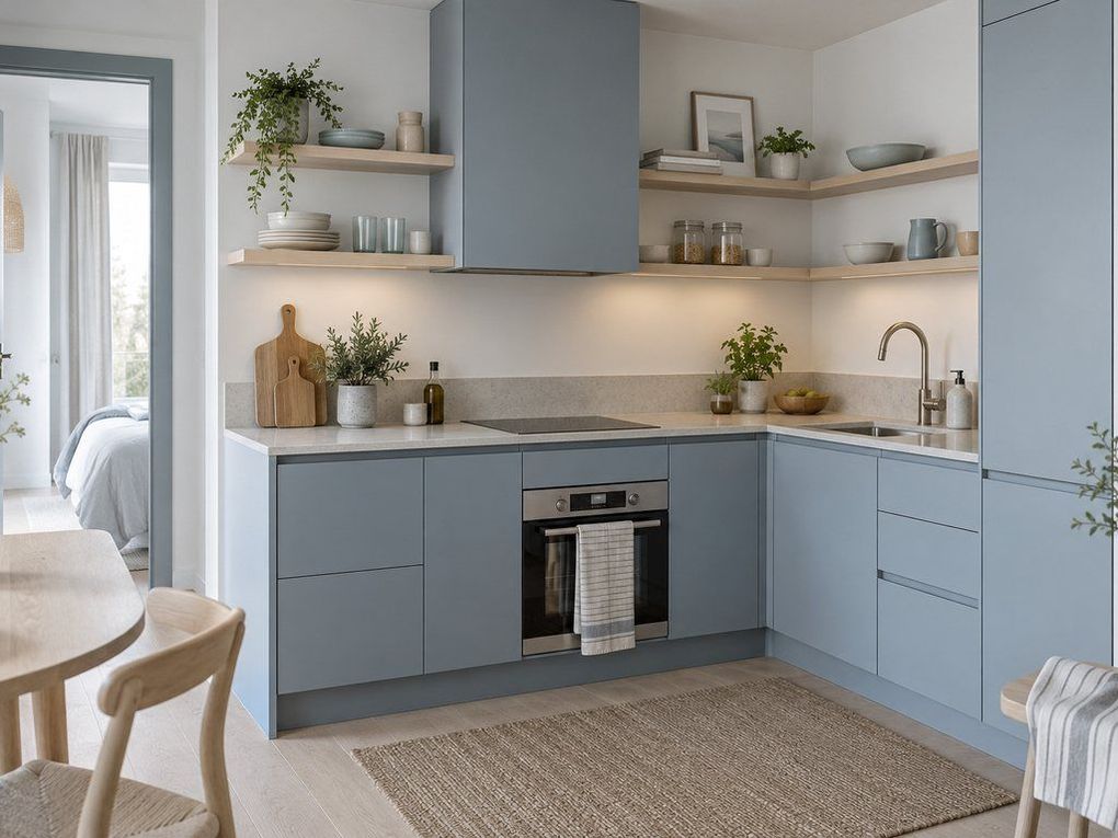Pale blue kitchen with open shelves