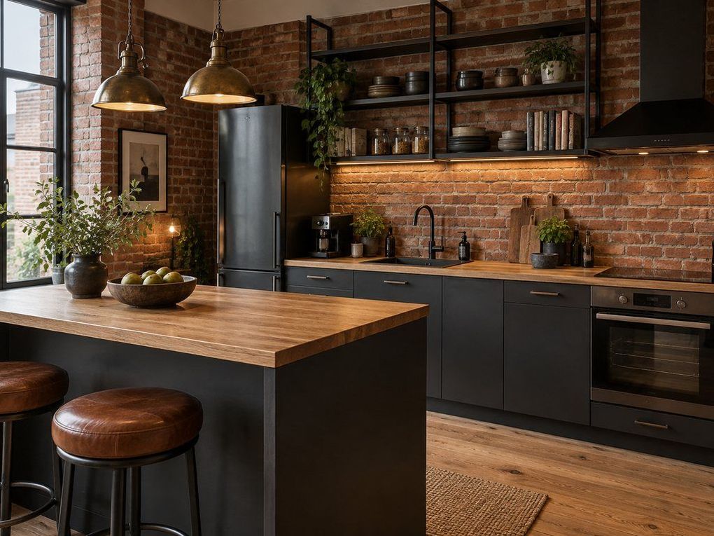 Black kitchen with a butcher block