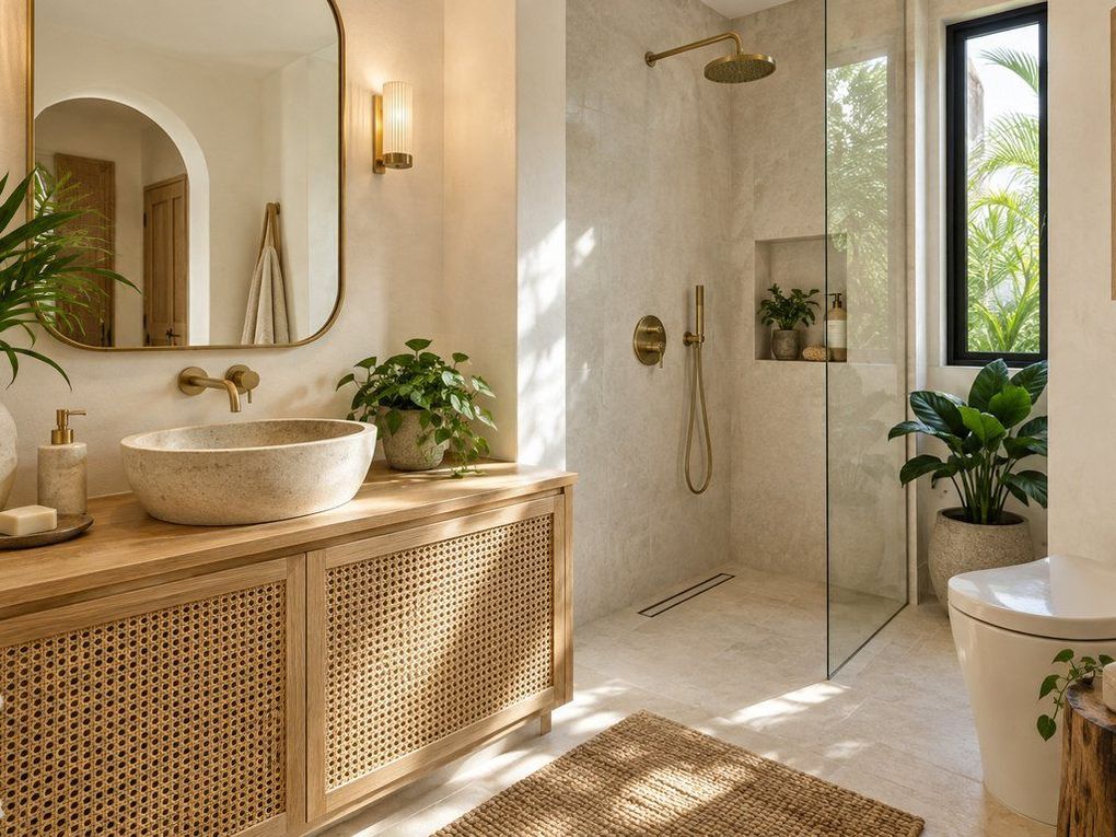 Walk-in shower with greenery