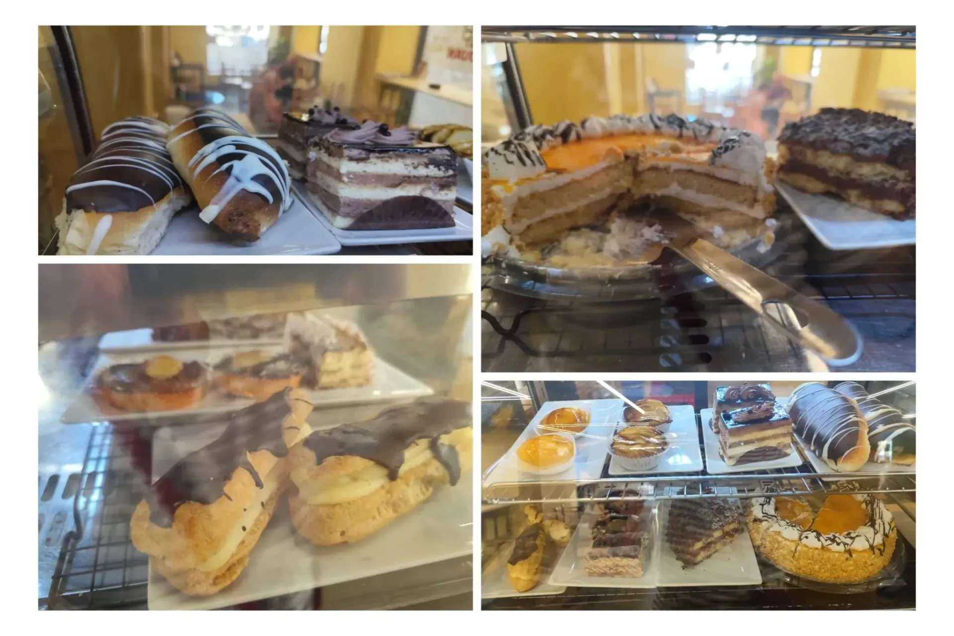 Diversos pasteles y tartas expuestos en una vitrina de cristal para panadería.