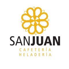 Logo for San Juan cafe: a yellow flower above black text, "SANJUAN, CAFETERÍA HELADERÍA."