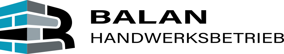 Logo eines Maurerdienstes mit einem gestapelten Ziegeldesign in Blaugr&uuml;n neben den Worten &bdquo;BALAN FUGBETRIEB&ldquo; in Schwarz.