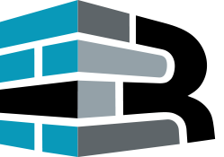 Ein stilisiertes Logo in Form des Buchstabens R, zusammengesetzt aus übereinander gestapelten blauen und grauen rechteckigen Ziegelsteinen.