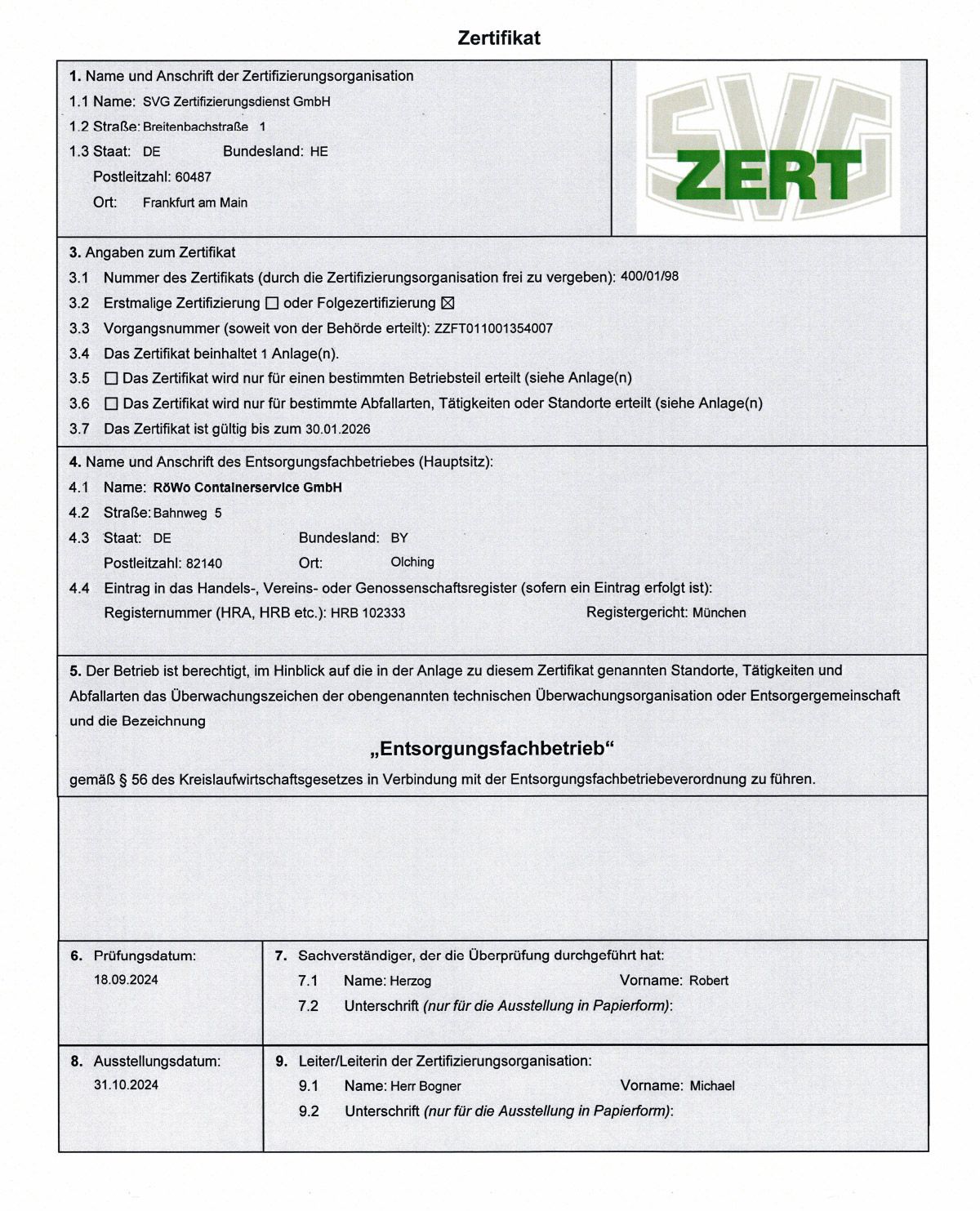 Zertifikat Entsorgungsfachbetrieb