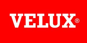 Das Velux-Logo ist weiß auf rotem Hintergrund.
