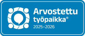 Blue “Arvostettu työpaikka 2025–2026” badge logo with a white circular emblem