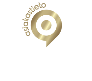 Kultainen asiakastieto-logo ja tyylitelty sijaintimerkintäkuvake valkoisella taustalla