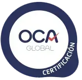 El logotipo de oca global es un círculo azul con una marca de verificación en el medio.
