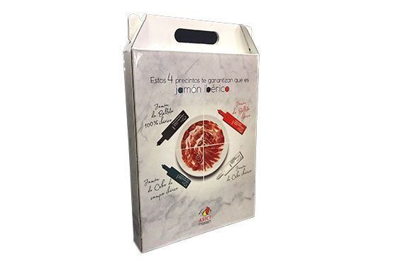 Una caja con un asa y una imagen de un plato de comida en ella.