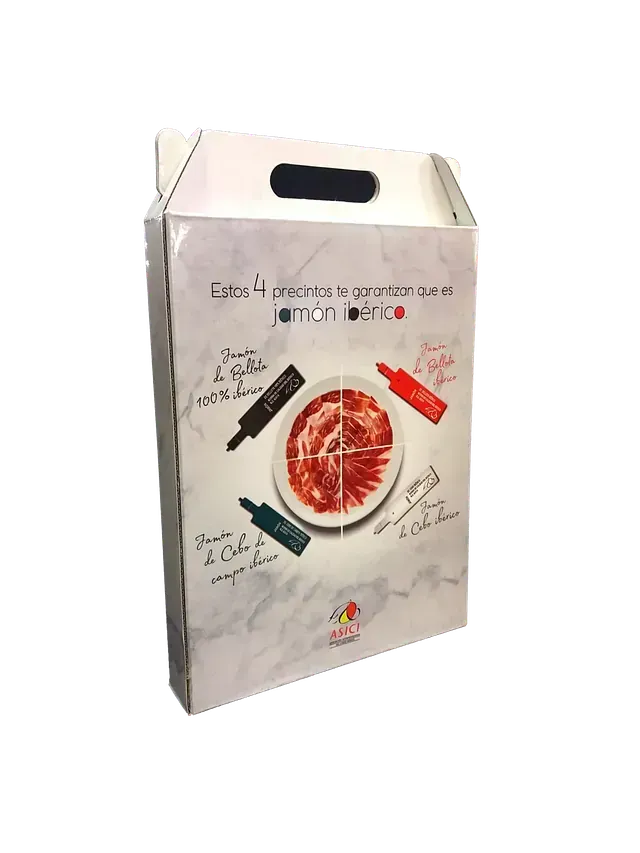 Una caja con una imagen de un plato de comida y botellas de vino.